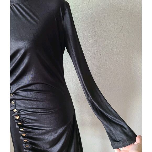 Karina Grimaldi‎ Asymmetrical Black Bodycon Mini Dress Size Medium Gold Buttons - Picture 9 of 12